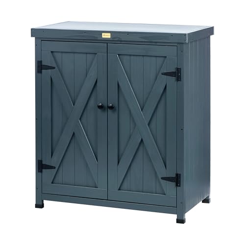 HABAU Outdoor Storage Cabinets Weatherproof for Patio, Garden Work Bench with Shelves & Metal Tabletop, Wooden Potting Table Workstation