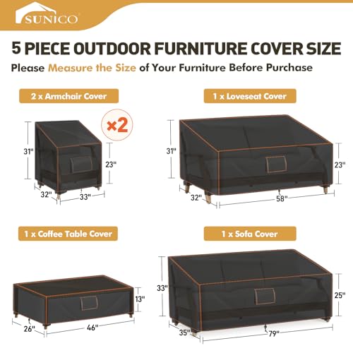 SUNICO Outdoor Patio Furniture Covers Set, 5 Piece Patio Covers for Outdoor Furniture Waterproof, 420D Patio Set Covers, UV Fade Protection, Tear-Resistant, Black