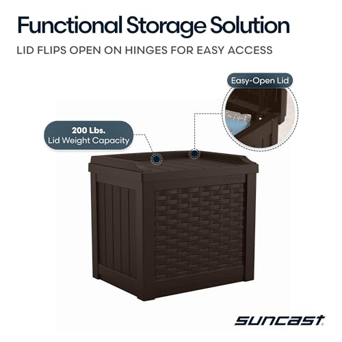 Suncast Outdoor Deck Box - 22 Gallon Java Resin Outdoor Storage Box, Weatherproof Patio Storage Bin Container for Seating & Organizing Cushions, Tools & Towels for Pool, Yard, & Garden
