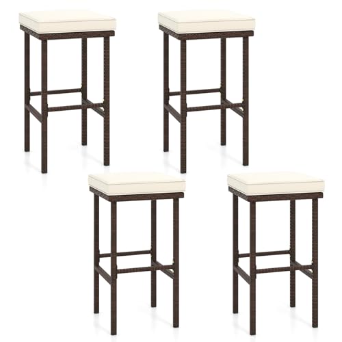 Tangkula Patio Wicker Bar Stools Set of 4, Patiojoy Outdoor Bar Height Chairs w/Seat Cushions & Footrest, Heavy-Duty Metal Frame, 400 lbs Load Bearing, Backless PE Rattan Bar Chairs