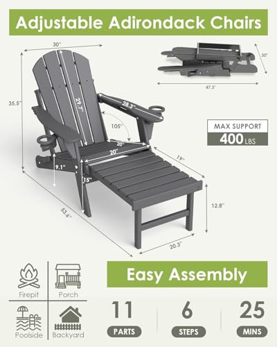 GREENVINES Adjustable Adirondack Chair with Retractable Ottoman Set of 2 | Folding | HDPE Plastic | Fire Pit Chairs w/Foot Rest | 2 Cup Holders | Grey | for Outdoor Patio Poolside Deck