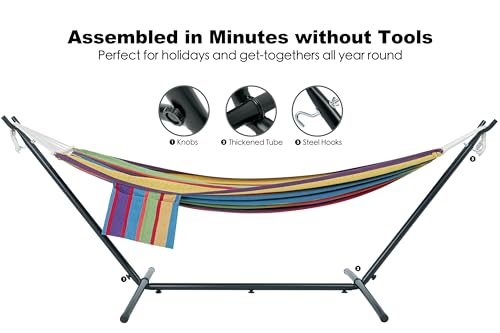 GAFETE Double Hammock with Stand for Outside, Upgraded Spreader Bar, Heavy Duty Space Saving Steel Stand 2 Person, Side Pockets, Easy Assembly, 600lbs Weight Capacity, Indoor & Outdoor (Classic Red)