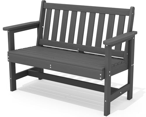 SERWALL Outdoor Bench, HDPE Outdoor Benches Weatherproof, 2-Person Garden Bench with 660 lbs Weight Capacity, Patio Benches for Outdoors, Garden, Porch, Backyard and Park, Grey