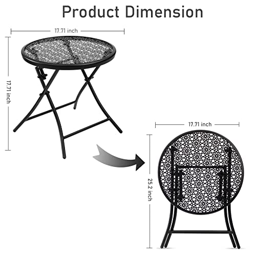 TeoKJ Folding Small Outdoor Side Tables, Anti Rust Small Patio Table Round Metal Nightstand with Flower Cutouts for Porch Yard Balcony Deck Lawn, Black