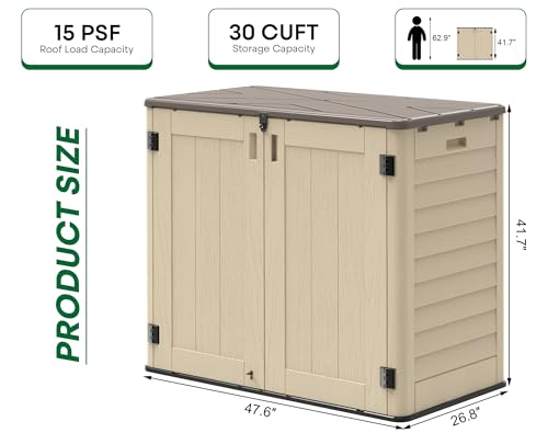 IWDOO Outdoor Storage Shed, 30 Cu Ft Waterproof Horizontal Resin Storage Cabinet, Weather-Resistant Garden Shed Trash Can Storage with Pad-Lockable Doors for Backyards (Khaki)