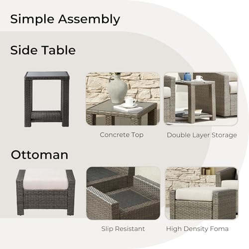 CHITA 5 Pieces Swivel Wicker Patio Furniture Set, Outdoor Conversation Set with 2 Pieces Rattan Swivel Chairs, 2 Pieces Ottomans, Thickened Cushions and Side Table, Beige Cushions with Grey Wicker