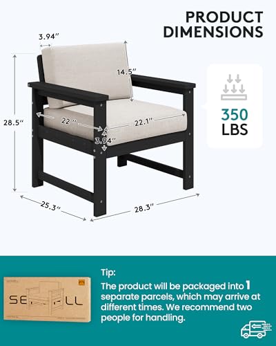 SERWALL 2 Pieces Single Cushioned Sofa Armchair, Black HDPE Adirondack Outdoor Sofa Lounge with Khaki Cushion