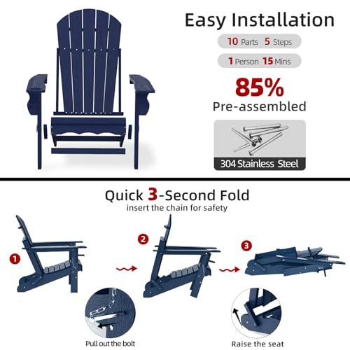CLOUDEEP Folding Adirondack Chairs, HDPE Plastic Adirondack Chair with Cup Holder Weather Resistant, Wood Texture Outdoor Fire Pit Chairs for Patio Garden,Poolside and Deck, Umbrella Hole, Dark Blue