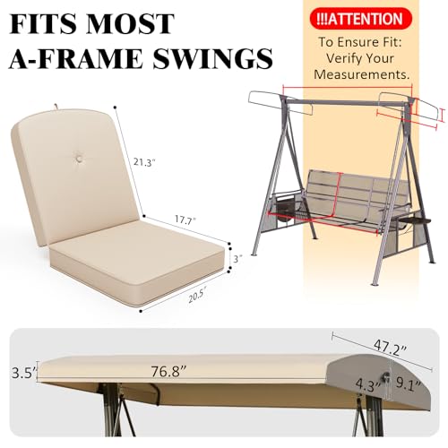 Oungelark Outdoor Porch Swing Cushions 3 Seater with Swing Canopy, Replacement Cushions for Outdoor Swing, Patio Swing Cushion 25D Foam (Khaki)