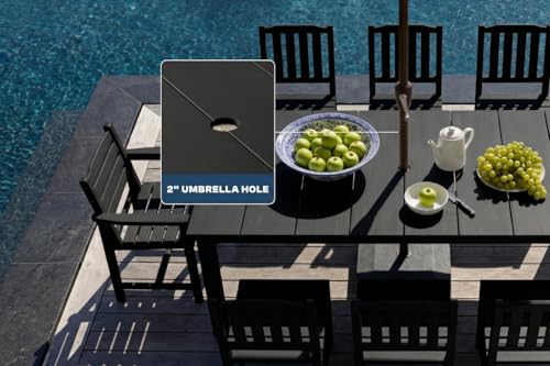 Patio Kingdom Perli™ 9-Piece Outdoor Dining Set, All-Weather HDPE Patio Furniture with 8 Ergonomic Chairs & Large Table, Built-in Umbrella Hole, UV-Resistant Set for Backyard, Deck, Poolside, Black