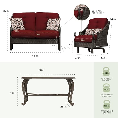 Hanover Ventura Outdoor 4-Piece Conversation Set with Loveseat, 2 Rocking Chairs, Crimson Red Cushions, 4 Pillows and Ceramic Tile Coffee Table, All-Weather 4-Piece Patio Set