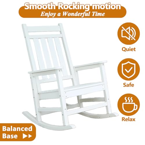 HRVEOCEI Oversized Outdoor Rocking Chair Set of 2 with Table, HDPE Patio Racking Chairs for Front Porch Outside All Weather, 300 LBS Capacity (Set of 2, White)