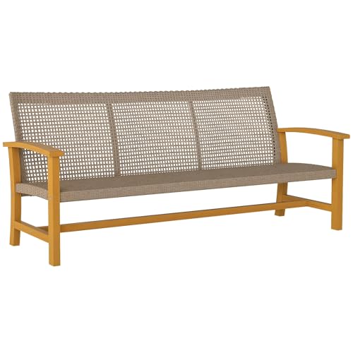 Outsunny Wicker Outdoor Couch, 3-Seat Rattan Outdoor Patio Sofa, 1000 lbs. Capacity, Acacia Wood Patio Furniture Couch with Steel Seat and Armrests for Backyard, Porch, Teak