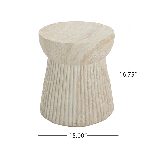 Christopher Knight Home Dila Patio Side Table, Lightweight Concrete End Table, Small Coffee Table, Garden Stool, Decorative Accent Table, Round Table Top, Side Table for Poolside Balcony, Travertine