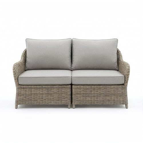 Martha Stewart Lily Pond Indoor-Outdoor Patio Loveseat in Weathered Gray Rattan Wicker with All-Weather Gray Back and Seat Cushions, 300 Lb. Static Weight Per Seat