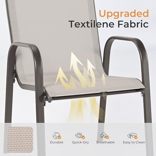 HAPPATIO Outdoor Patio Dining Set, 8 Quick Dry Textilene Dining Chairs and Dining Table with Umbrella Hole, Stackable Textilene Chairs for Garden, Patio and Poolside Backyard, Light Grey