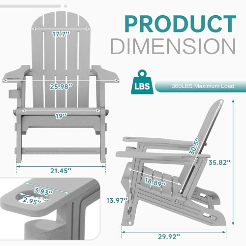 Shintenchi Adirondack Chairs Set of 2,HDPE Adirondack Chairs w/Removable Tablelop & Umbrella Hole,All-Weather Wooden Textured Plastic Outdoor Chairs w/Cup Holders for Garden Backyard Pool,Light Gray