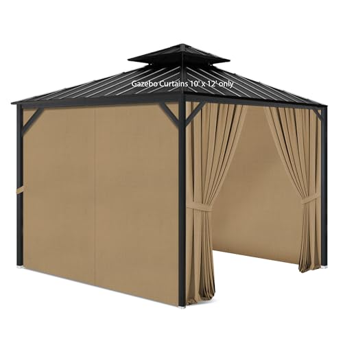 Gazebo Privacy Curtains with Zipper 4-Panels Side Wall Universal Replacement for Patio, Outdoor Canopy, Garden and Backyard (Curtain Only) (Khaki, 10'x12')