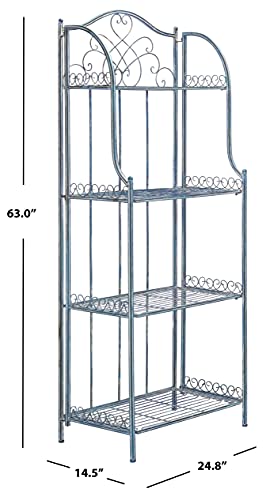 SAFAVIEH Outdoor - Amaris 4-Tier Bakers Rack - Mossy Blue Iron Metal - Vintage Victorian Scrollwork - Ideal for Patio, Deck, Porch, Sunroom, 14.5" W x 25" D x 63" H (PAT5014C)