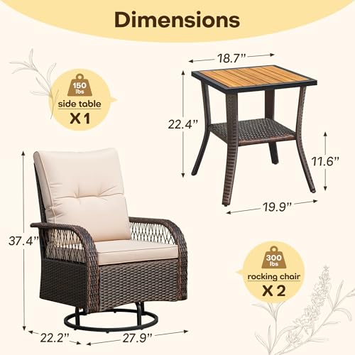 Devoko Patio Furniture Set Outdoor 3 Pieces Wicker Swivel Rocking Chairs Set of 2 with Coffee Table, Patio Conversation Set for Porch, Balcony, Deck, Garden (Brown)