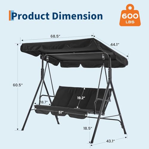 GarveeLife 3-Person Outdoor Porch Swing Chair with Adjustable Canopy, Breathable Fabric Seat and Backrest, Armrests, Heavy-Duty Frame, 600 lbs Capacity, for Patio, Backyard or Garden, Black