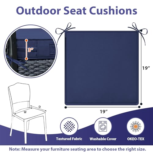 IPYNBAP Outdoor Chair Cushions Set of 4 -Waterproof Outdoor Seat Cushions for Patio Furniture, Patio Chair Cushion with Handle and Ties, Square Out Door Chair Pads,19" x 19" x 3", Navy Blue