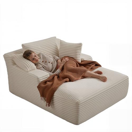 ivoros 50 Inch Chaise Lounge Chair Indoor, Oversized Corduroy Upholstered Boneless Sofa Bed, Deep Seat Sleeper Couch Reading Chairs, Cloud Sofas Couches for Living Room, No Assembly Required (Beige)