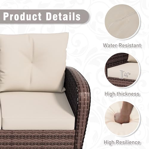 Qsoer Patio 3-Seater Sofa, PE Wicker Outdoor Lounge with Thick Removable Cushions, Rust-Proof Steel Frame, 900LBS Capacity, Beige