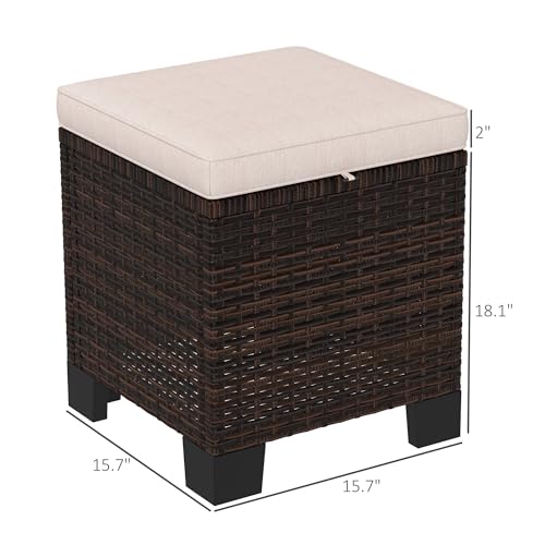 Outsunny 2 Pieces Outdoor Patio Ottomans, All Weather Wicker Footstools with Removable Cushions, 3-in-1 PE Rattan Ottoman Seat, Footrest and Side Table for Backyard, Poolside, Cream White