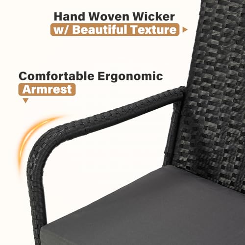 ECOTOUGE Patio Wicker Barstools Set of 4, Rattan Outdoor Bar Height Chairs with Armrest, Soft Cushion, Footrests, All-Weather Furniture for Backyard, Pool, Garden, Black