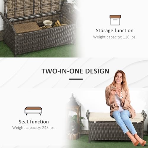 Outsunny 29 Gallon Patio Wicker Storage Bench, Outdoor PE Rattan Furniture, 2-in-1 Large Capacity Rectangle Garden Storage Box with Handles and Cushion, Cream White