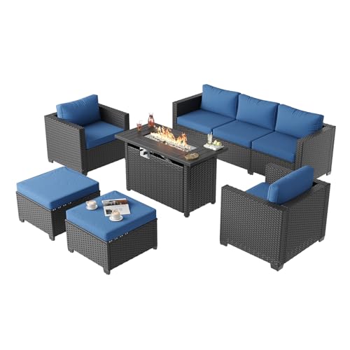 Aoxun Patio Furniture Set with Fire Pit Table, 6 Piece Outdoor Furniture Set with Wicker Ottomans, Rattan Outdoor Sectional Sofa with Thickened Cushion & Waterproof Cover Navy Blue