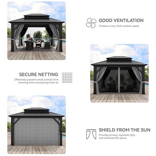 YITAHOME 12x14ft Hardtop Gazebo with Nettings and Curtains, Heavy Duty Double Roof Galvanized Steel Outdoor Combined of Vertical Stripes Roof for Patio, Backyard, Deck, Lawns, Gray