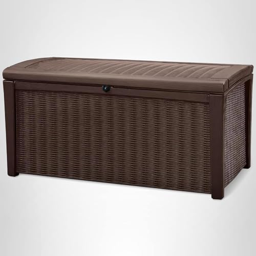 Keter Borneo 110 Gallon Resin Deck Box - Organization and Storage for Patio Furniture, Outdoor Cushions, Throw Pillows, Garden Tools and Pool Toys, Brown