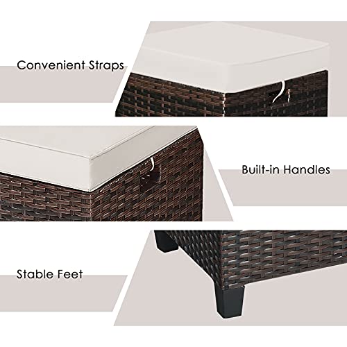 RELAX4LIFE 2-Piece Patio Ottoman Set - Wicker Footstools, All Weather PE Rattan Ottoman with Removable Cushions, Square Footrest Seat, Outdoor Stools for Garden, Porch, Pouf Ottoman (Brown)