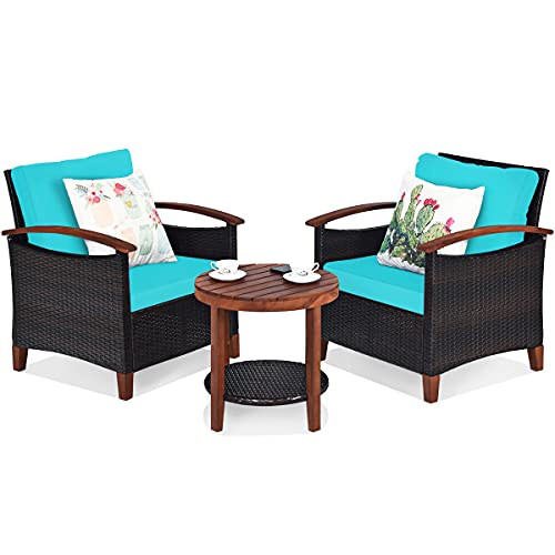 Tangkula 3 Pieces Patio Furniture Set, Outdoor Rattan Sofa and Side Table w/Solid Acacia Wood Frame, High Load Bearing Conversation Bistro Set w/Washable and Removable Cushions (Turquoise)