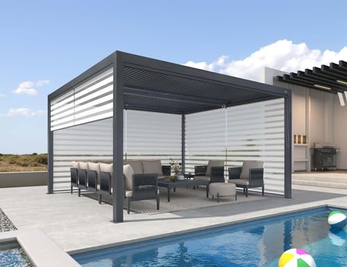 PURPLE LEAF Louvered Pergola 94AS 12' x 14' Outdoor Aluminum Pergola with Shade Screen Adjustable Roof for Deck Backyard Grey Hardtop Gazebo, 1 Long Side and 2 Short Sides
