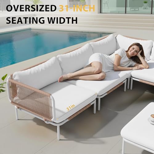 VredHom 4 Piece Modern Outdoor Sectional Sofa, 31" Oversized Patio Furniture Set with Olefin Woven Rope, Weather-Resistant Metal Frame and Removable Cushion, Beige