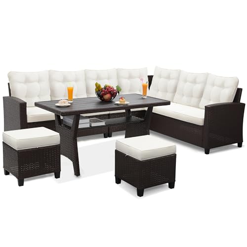 KROFEM 6-Piece Patio Furniture Set, Outdoor Sectional Sofa with Dining Table & Chairs, All-Weather Dining Set with Removable Cushion Covers, Ideal for Garden, Porch, Backyard, White