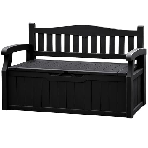 JUMMICO 80 Gallon Resin Outdoor Storage Bench, Large Deck Box with Armrest, Lockable&Waterproof for Garden, Home, Patio, Pools (Black, 80 Gallon)