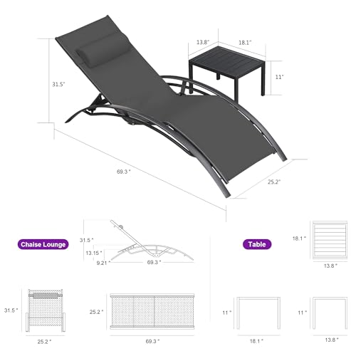 PURPLE LEAF Patio Chaise Lounge Set of 3 Outdoor Lounge Chair Beach Pool Sunbathing Lawn Lounger Recliner Chiar Outside Tanning Chairs with Arm for All Weather, Side Table Included, Black