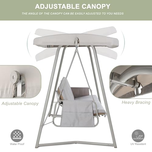 LUTINLIX 3-4 Person Oversized Outdoor Porch Swing with Adjustable Backrest Canopy,2-in-1 Swing Bed 800 lbs Capacity,Patio Swing with Removable Cushions for Yard Garden Poolside Balcony