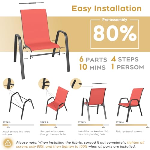 Patio Dining Chairs Set of 6 Outdoor Stackable Dining Chairs for All Weather 350lbs Capacity Heavy Duty Textilene Fabric Rustproof Metal Frame Patio Furniture for Backyard Garden Poolside ( Red )