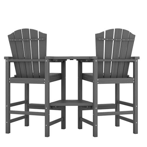 KINGYES Tall Adirondack Chair Set of 2, All-Weather HDPE Outdoor Adirondack Barstools with Removable Double Connecting Trays, High Airondack Chair with Wood Grain, Embossed Balcony Chair, Gray