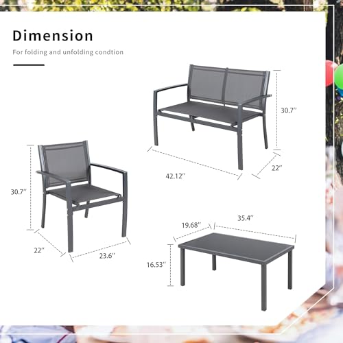 Shintenchi 4 Pieces Patio Furniture Set All Weather Textile Fabric Outdoor Conversation Set, with Glass Coffee Table, Loveseat, 2 Single Chairs for Home, Garden, Lawn, Porch（Gray）