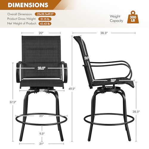 Yaheetech 2 Piece Patio Swivel Bar Stools Texteline Bistro Chairs with High Back/Armrest/Footrest, All Weather Padded Seating Outdoor Furniture Height Outdoor Chairs for Outside, Lawn & Garden