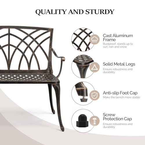 VINGLI 38" Outdoor Metal Bench, Cast Aluminium Garden Bench, Weatherproof Antique Finish Orchid Chair, 1-2 Person Seat Deck Furniture for Porch Entryway Patio (Brown)