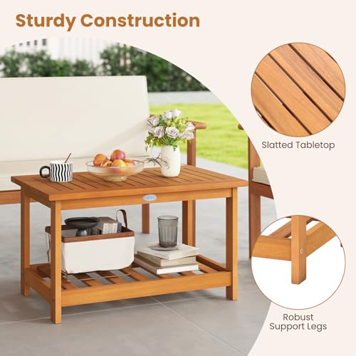 Tangkula Outdoor Acacia Wood Coffee Table, Patio 29.5” Rectangle Slatted 2 Tier Coffee Table with Storage Shelf, for Outside Balcony Patio Poolside