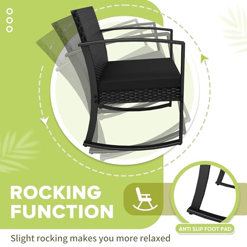 Homall Patio Furniture Set 3 Piece Resin Outdoor Bistro Set Rocking Patio Chairs with Cushions and Table for Porch, Poolside, Balcony and Yard (Black)