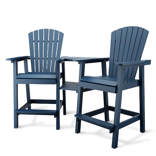 GAOMON Tall Adirondack Chairs Set of 2, Recycled HDPE Bar Height Patio Chairs with 2 Removable Connecting Trays & Umbrella Hole, Heavy Duty Outdoor Furniture for Deck, Backyard, Garden, Balcony, Blue